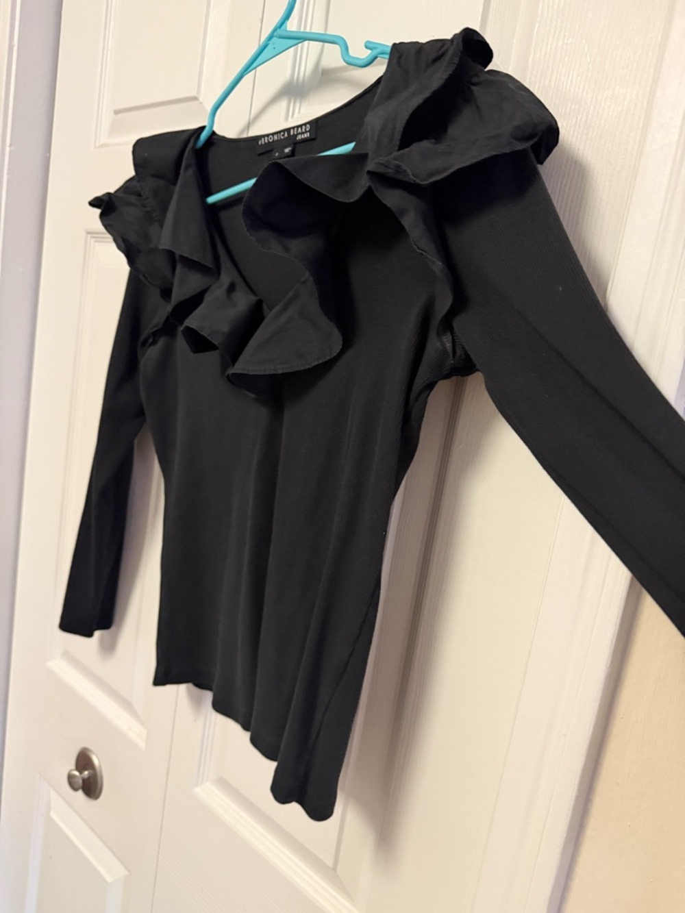 Veronica Beard Black Ruffle-Detail Long Sleeve Top